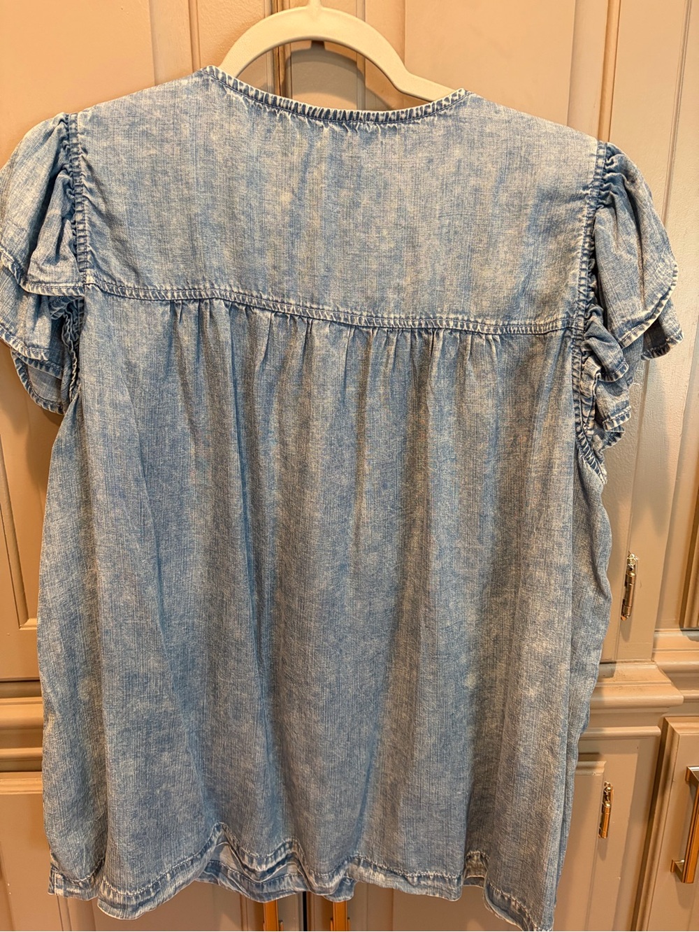 Jane and Delancy Light Wash Denim-Effect Flutter Sleeve Blouse - Picture 5 of 5